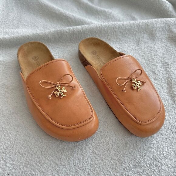 Tory Burch Shoes - New Tory Burch Mules Flat Slip-on gold charm Genuine Leather Cork Size 7.5